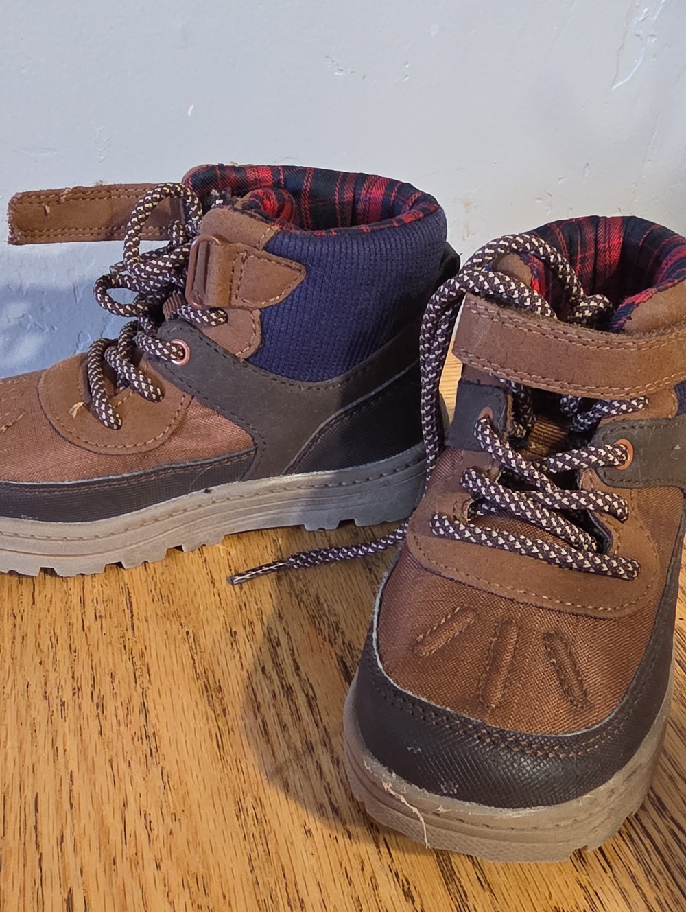 Carter's Brown and Navy Plaid-Trim Kids Ankle Boots